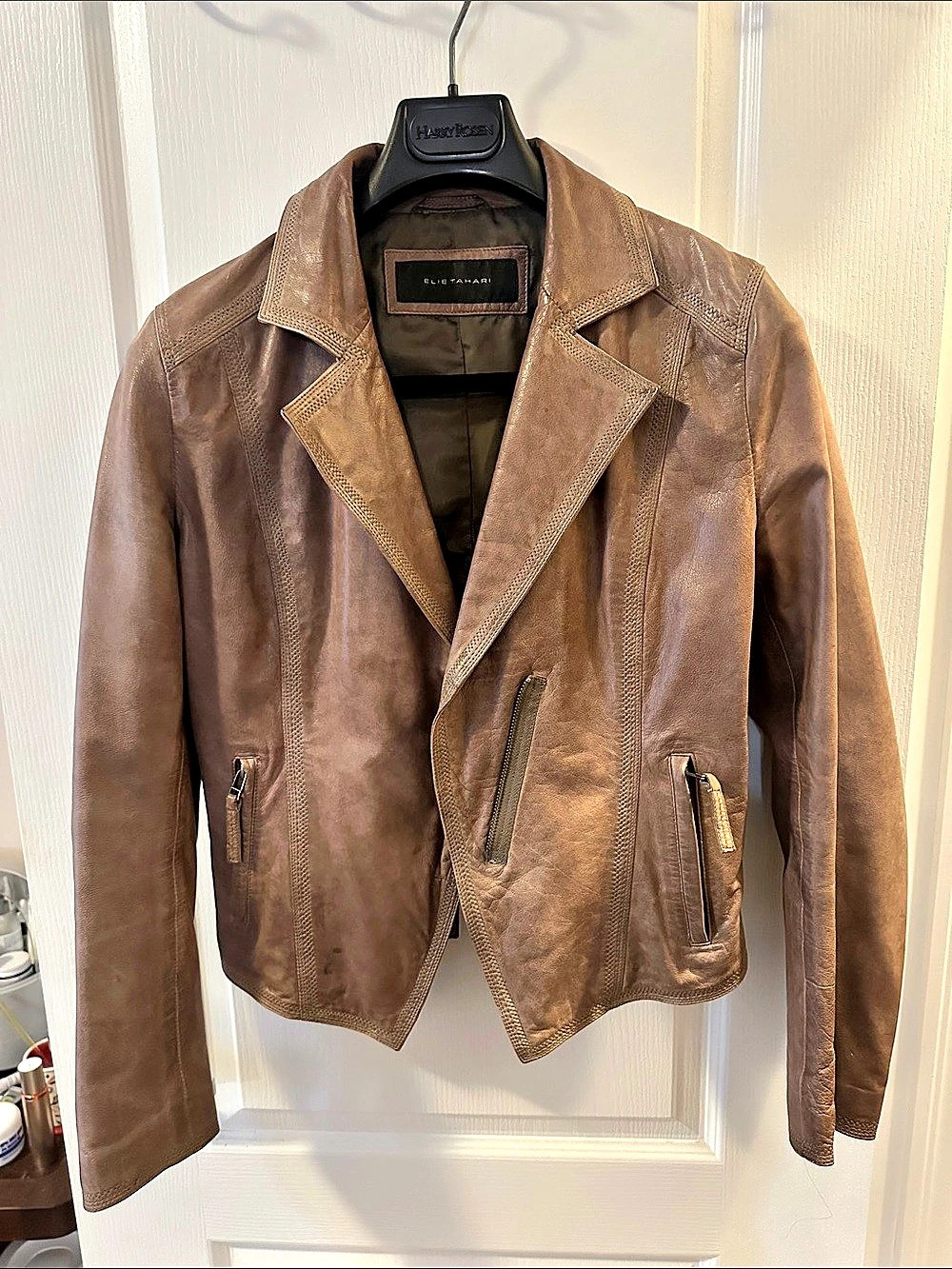 100% Lamb Leather Elie Tahari Leather Moto Jacket in Brown